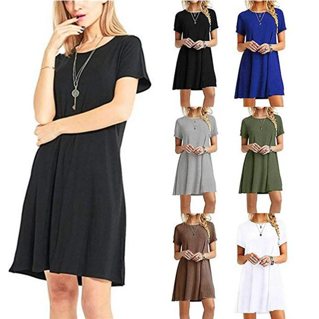 

Fashion Womens Dresses Solid O-Neck Short Sleeve Casual Swing Loose Women Dress #30