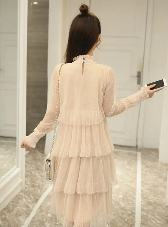 Popular New Fashion Korean Vintage Multilayer Pleated Mesh Dress High Waist Ruffles Long Sleeve Casual Midi Dress Women Dress 1