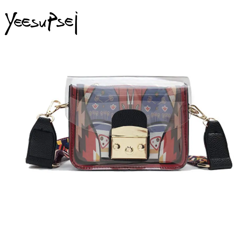 

YeeSupSei Clear Transparent PVC Women Bag Colorful Wide Shoulder Strap Bag Crossbody Messenger Bag Mini Golden Lock Cover Bag