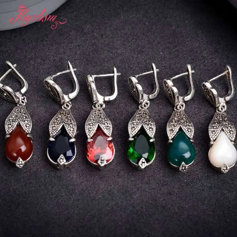10x12mm Drop Gem Stone Beads Inlaid Marcastie Tibetan Silver Fashion Trendy Dangle Huggie Earrings 1 Pair 10x40mm Free Shipping | Украшения