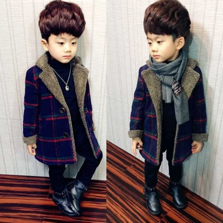 

Boys Wool Coats Autumn and Winter Baby Boys Jackets Long Quilted Plus Plaid Warm Kid Clothes Coats Outerwear