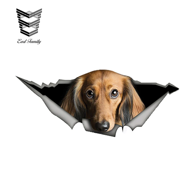 

EARLFAMILY 13cm x 5.4cm Red Long-haired Dachshund Car Sticker Torn Metal Decal Reflective Stickers Pet Dog Decals 3D Car Styling