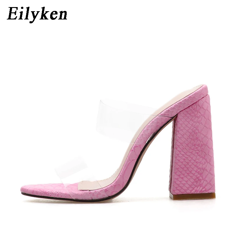 Eilyken/пикантные прозрачные розовые женские шлепанцы из змеиной кожи; летние модные вечерние туфли на каблуке; женские сандалии-гладиаторы без задника