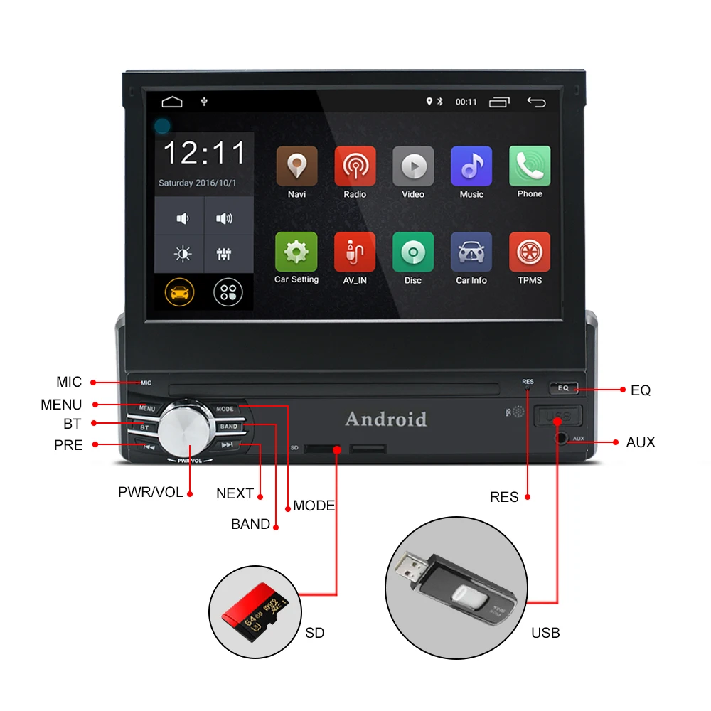 Sale Auto 7" Android 8.0 Quad Core 2G+16G Universal 1Din Car Audio Stereo GPS Navigation Radio Bluetooth RDS DAB+ Kits Car Multimedia 2