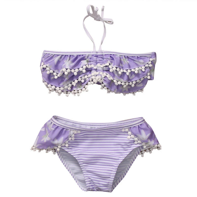 Летние фиолетовые купальники с цветочным принтом для маленьких девочек, детский купальник, комплект бикини, купальник, пляжная одежда, бикини, Раздельный купальник из двух предметов - Цвет: As photo shows