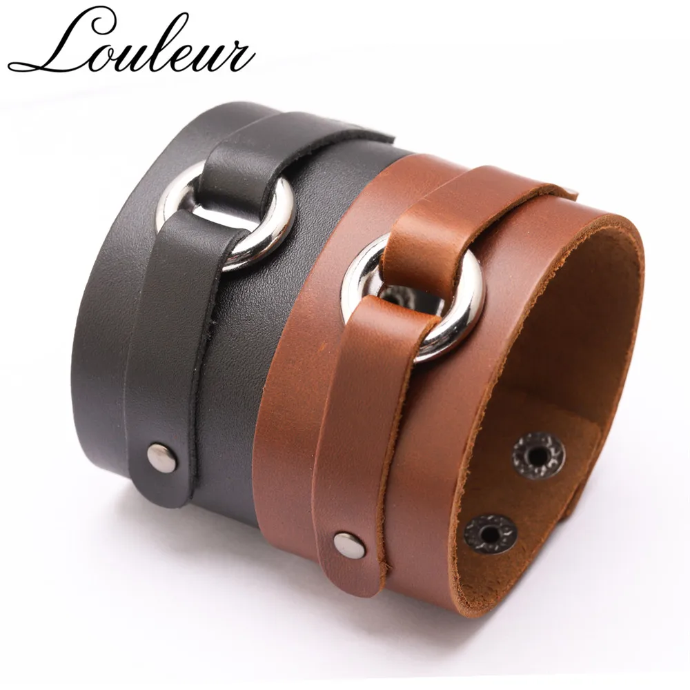 

Louleur Black Round Alloy Wide Leather Bracelets For Women Men Double Clasps Adjustable Bracelet Pulseira Jewelry Party Gift