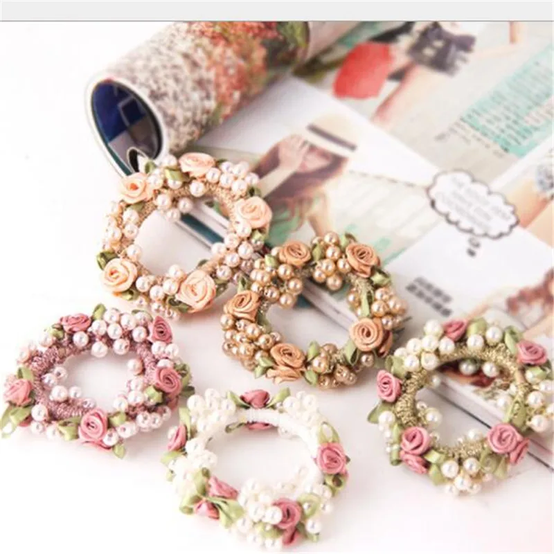 

Fashion 1pc Girls Sweet Flower Hair Bands Pink Rose Pearl Hair Rope Rubber Headband