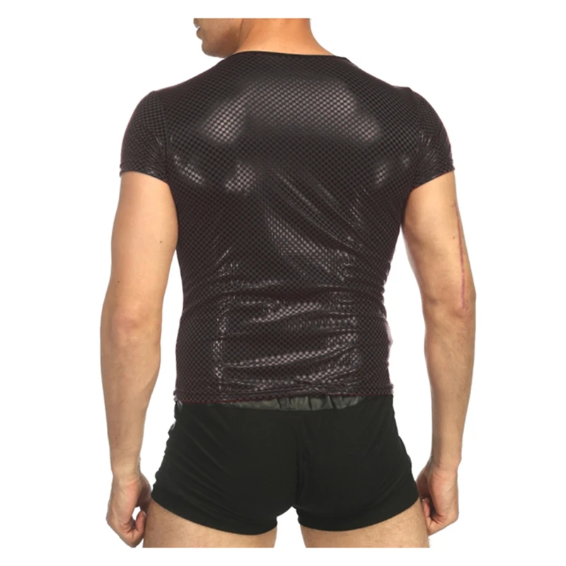 2019 Sexy Men's Patent Leather T-shirt Nightclub Performance Show Glossy Checked Skinny T-Shirt Short Sleeve Pullover Slim Fit (5)