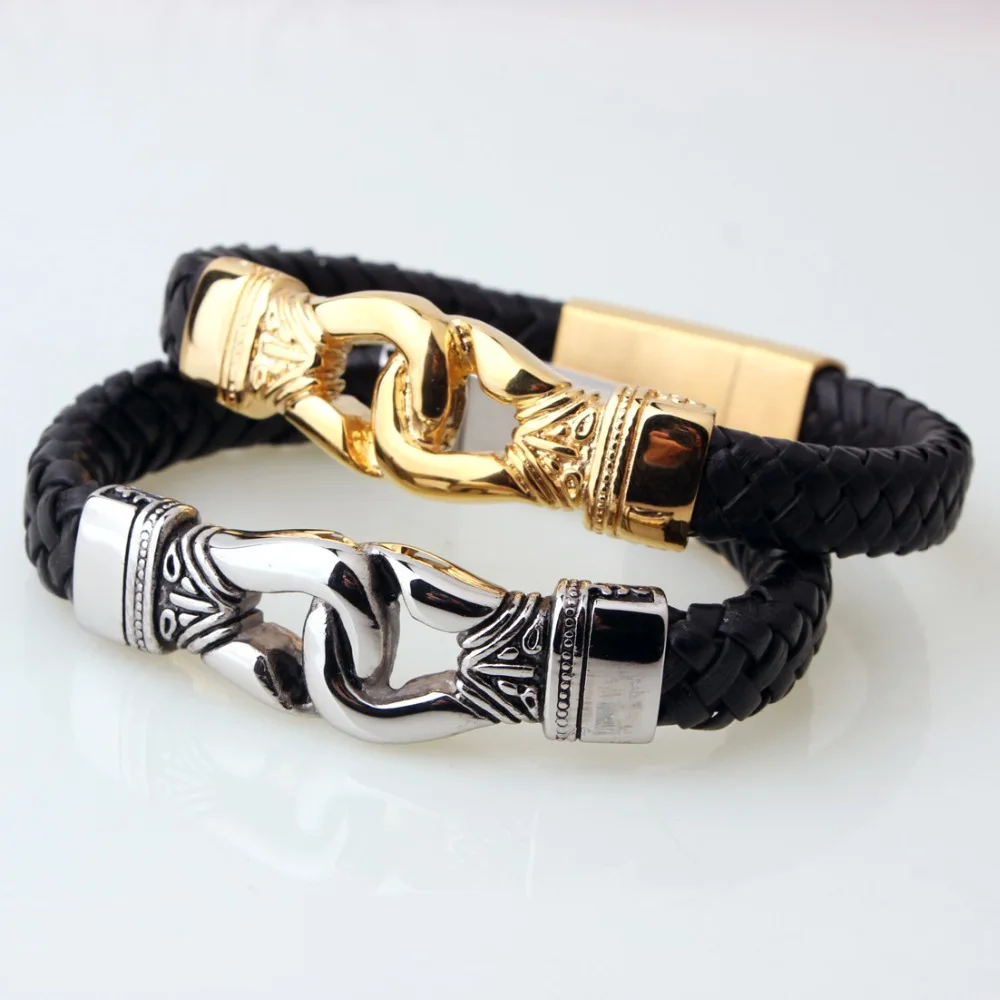 

Hot Selling 12.5mm 316L Stainless Steel Handcuff Bracelet Fashion Sports Men's Black Leather Bracelet Silver or Gold