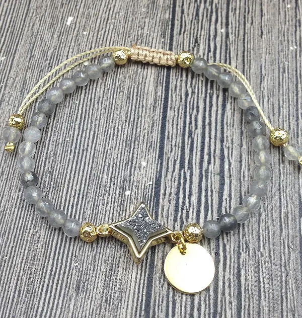 

YA3054 Druzy Stone Gold Charm Grey Quartzs Beads Knot Cord Adjustable Bracelet