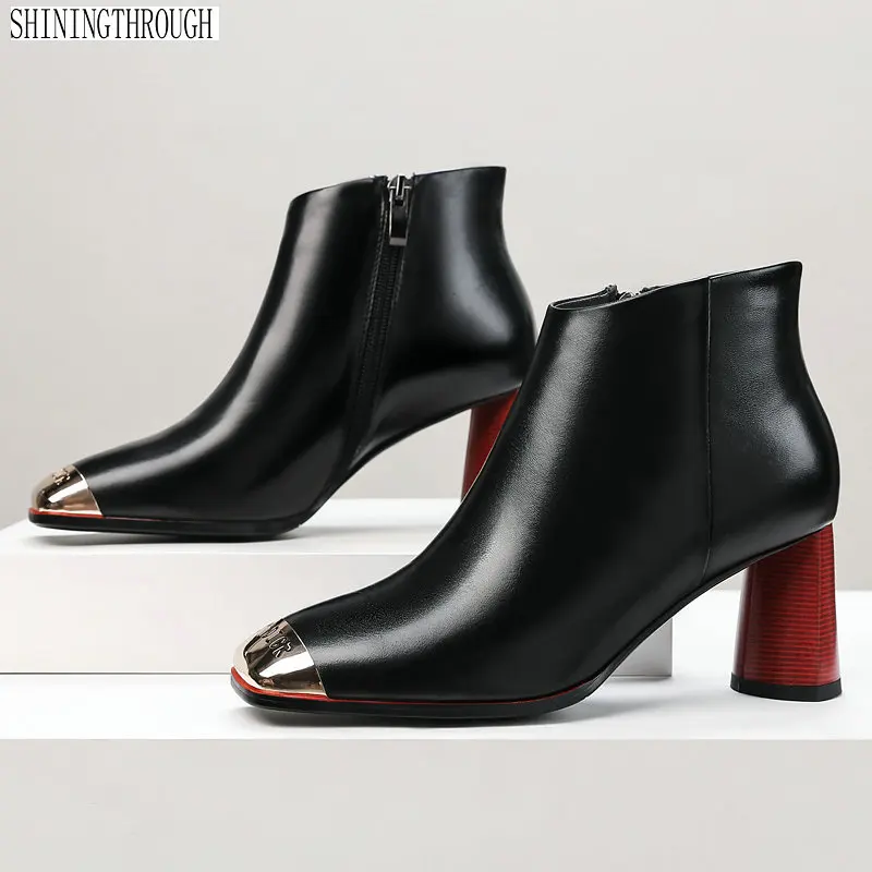 

Genuine leather Ankle Boots Women High Heels Chelsea Boots metal square toe Winter Ladies Boots 2019 New Office Pumps