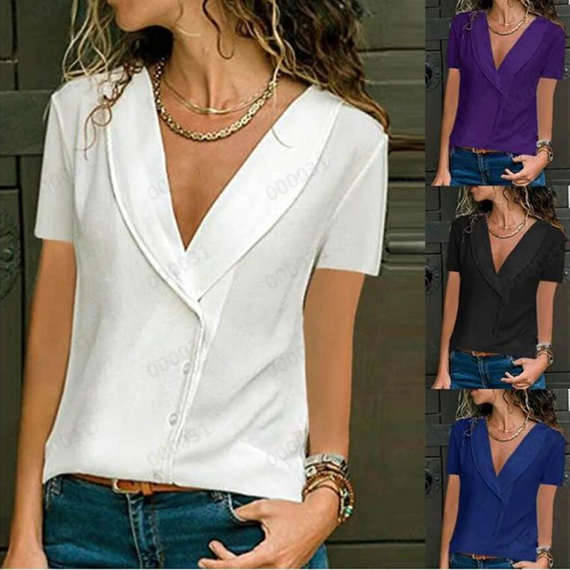 Женские топы с v-образным вырезом, сексуальные топы, блузки, летние рубашки с коротким рукавом, однотонные женские модные рубашки, блузки