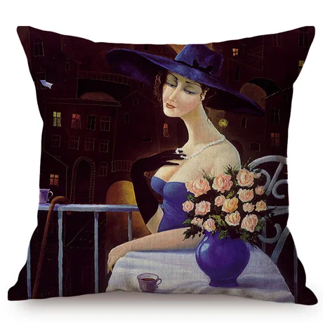 Nordic Vintage Beautiful Woman Oil Painting Art Decorative Cushion Cover Couple Happy Love Story Sofa Chair Throw Pillow Cover M101-1