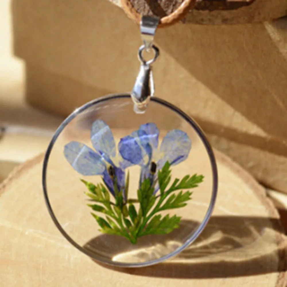 

Natural dried Blue sixfold Lee flower Leather Chain Necklace Long Strip Pendant Necklace Women Jewelry