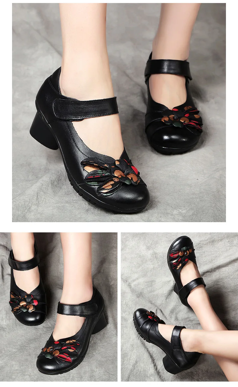Новые кожаные женские тонкие туфли; Национальная обувь для мам; модные кожаные женские туфли в стиле ретро на высоком каблуке; C0685