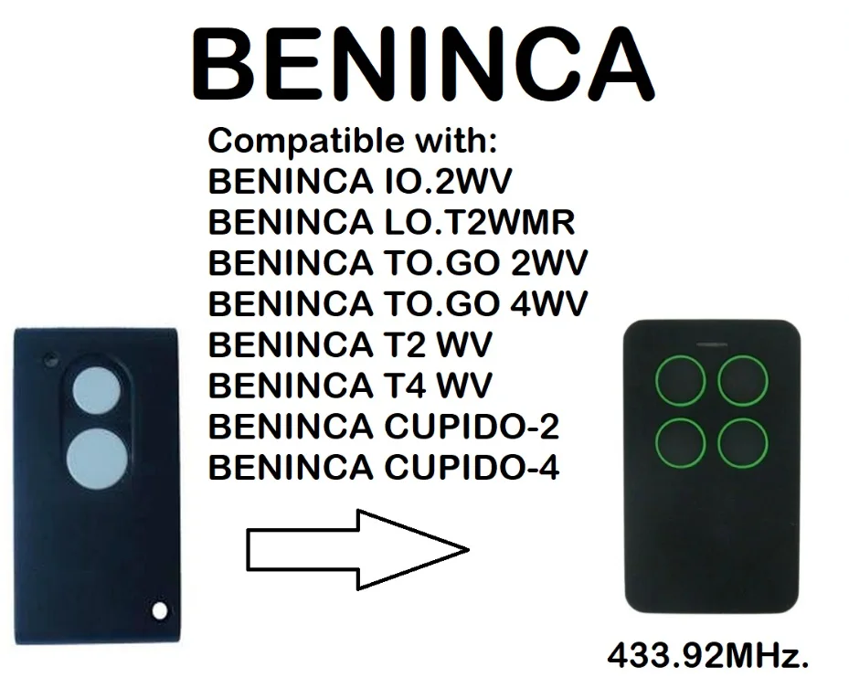 

BENINCA IO.2WV Compatible Remote Control Rolling Code 433.92MHz.
