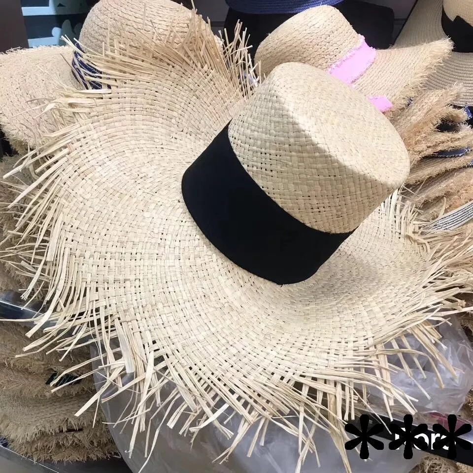 

01812-axi summer natural handmade raffia Designer style Tassels brim lady holiday sun beach cap women hat