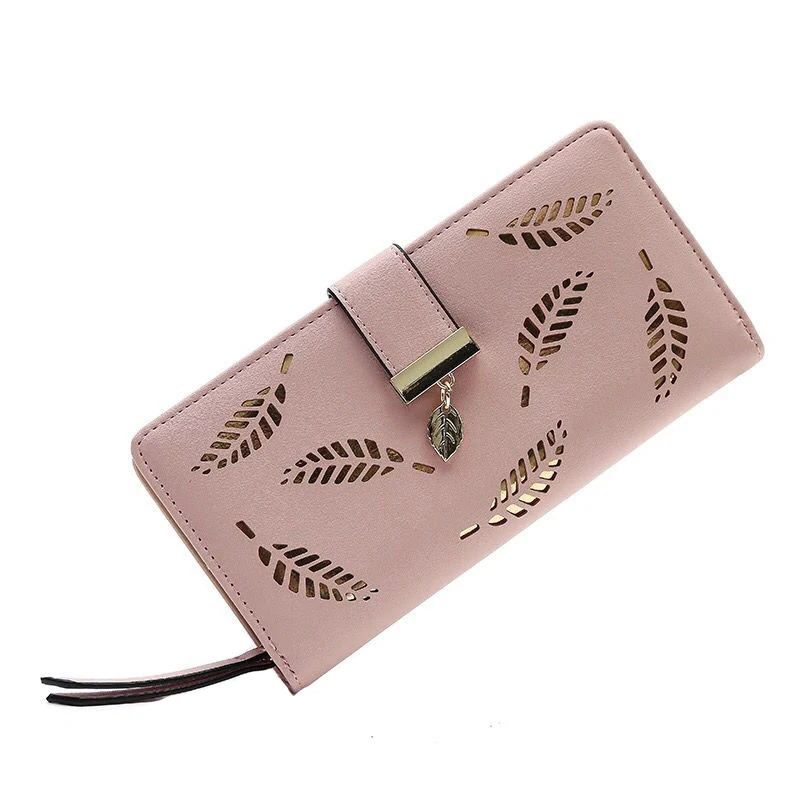 

Fashion Double Fold Hollow Out Leaves Women Wallet Long PU Ladies Leather Handbags Clutch Purses Buckles Female Wallet Carteira