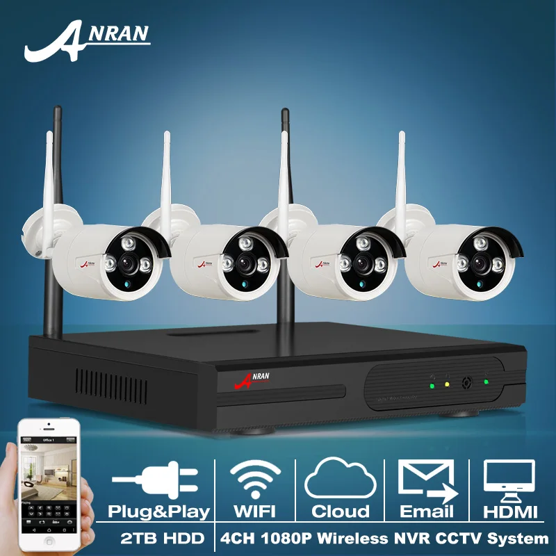 Wireless 4CH NVR CCTV System 1080P 4pcs 2.0MP Outdoor Wifi IP CCTV Security Camera System Surveillance Kit 2TB HDD Email Alert