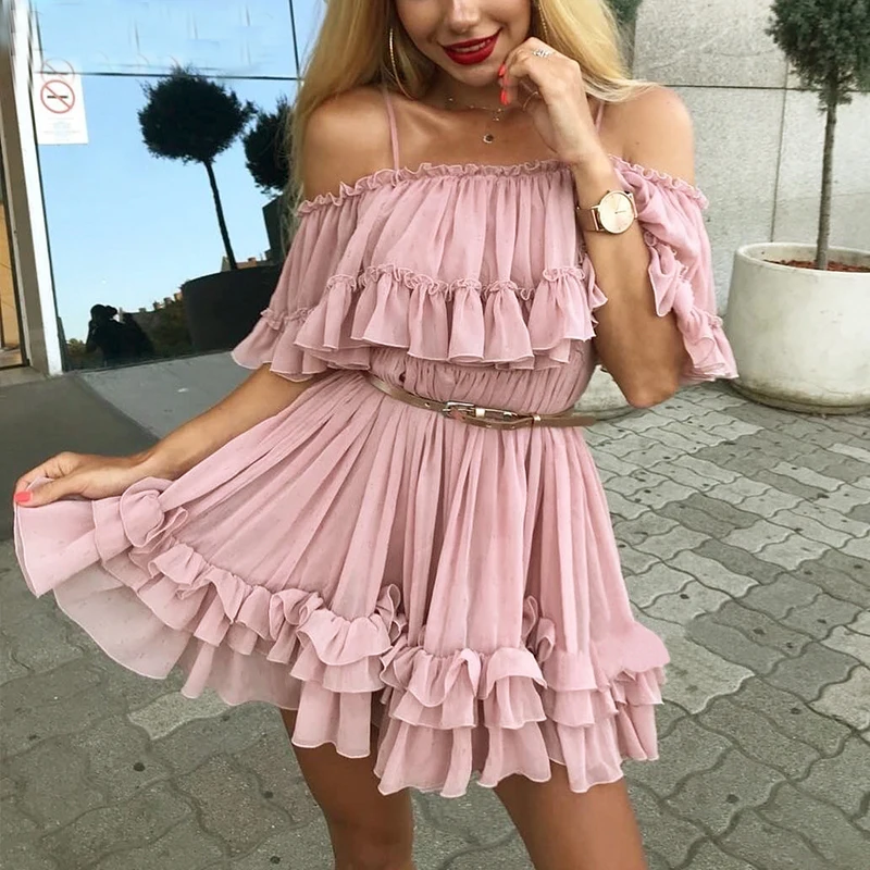 

Off shoulder strap chiffon summer dresses Women ruffle pleated short dress pink Elegant holiday loose beach mini dress