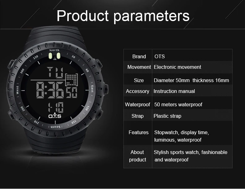 OTS цифровые часы мужские спортивные часы 50 м водонепроницаемые часы с большим циферблатом светодиодный часы для улицы военные светящиеся наручные часы
