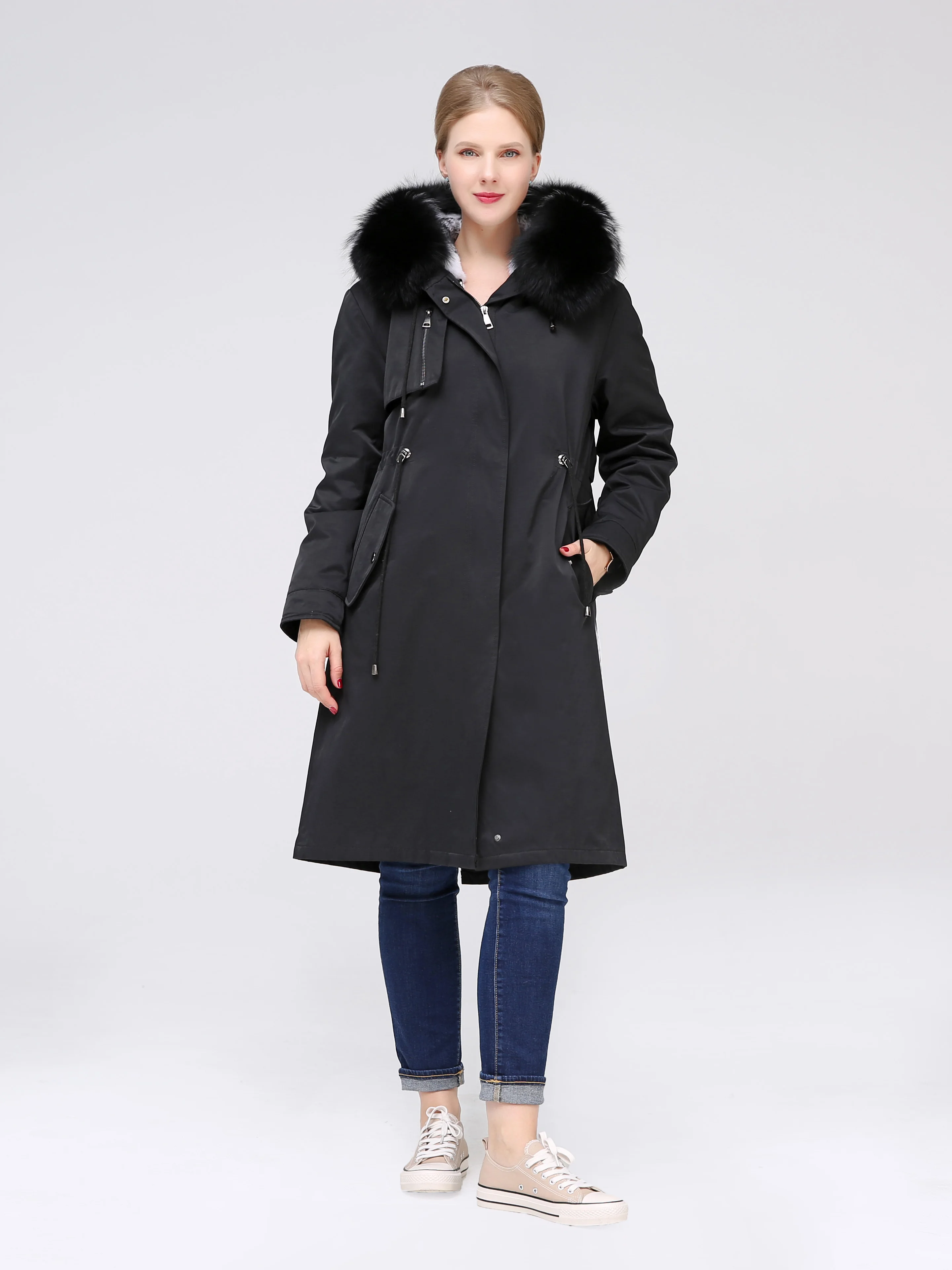 Новое длинное пальто с меховым воротником из лисьего меха, зимнее пальто со съемной подкладкой с кроличьим мехом