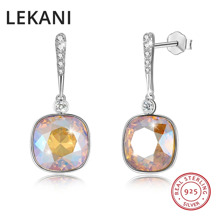 Модные квадратные висячие серьги LEKANI с кристаллами Swarovski, женские свадебные подарки, настоящее Серебро S925 пробы, повседневные аксессуары, хорошее ювелирное изделие - Цвет камня: Золотой