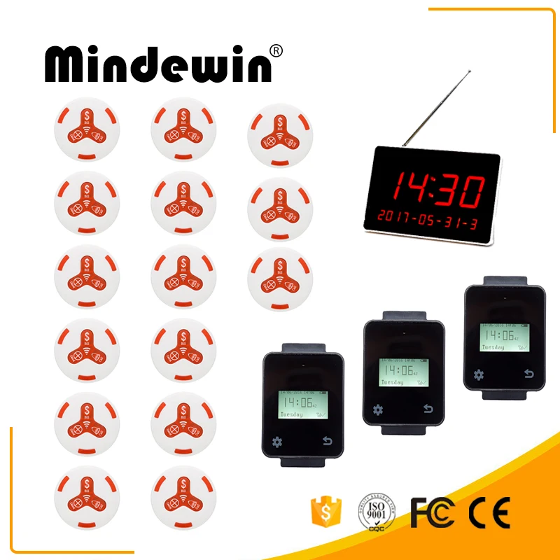

Mindewin Wireless Calling Paging System 3 Touch Watch Receiver +1 LED Display +15 White Call Button For Restaurant & Fast Food