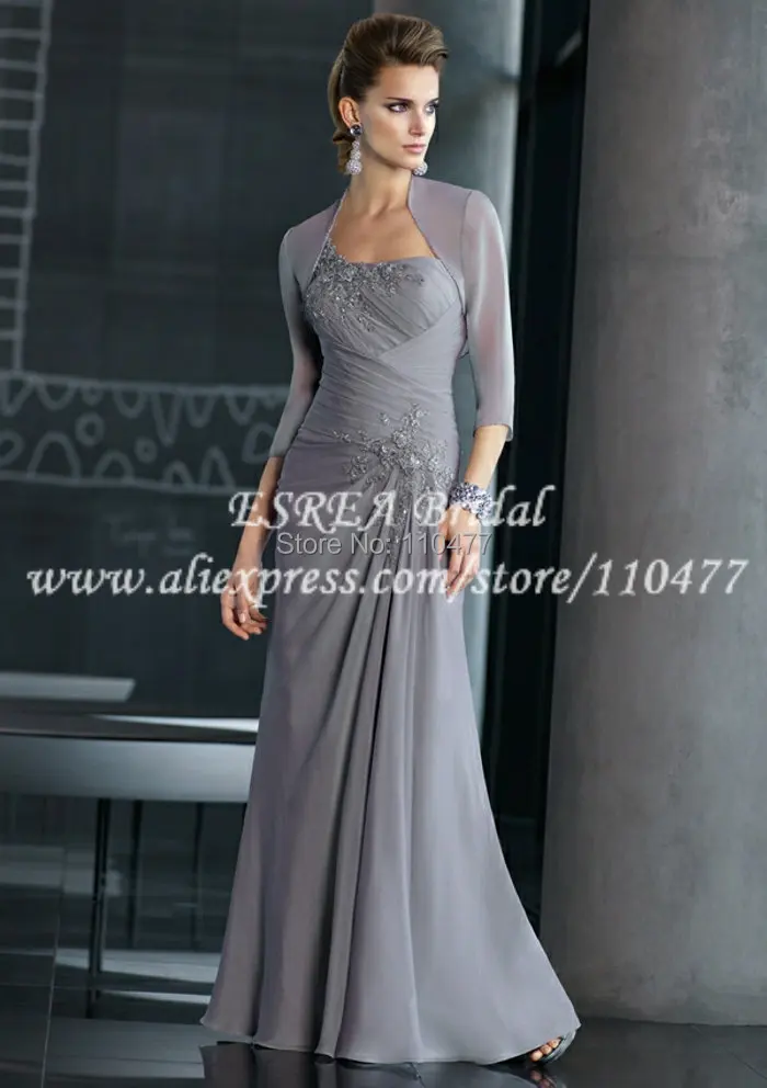 Elegant Appliqued Long Chiffon Silver Grey Mother Of The Bride Dresses