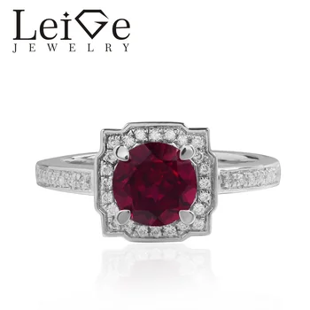 

Leige Jewelry Lab Ruby Rings Red Gemstone Round Cut Halo Promising Rings For Woman 925 Sterling Silver July Birthstone Ring