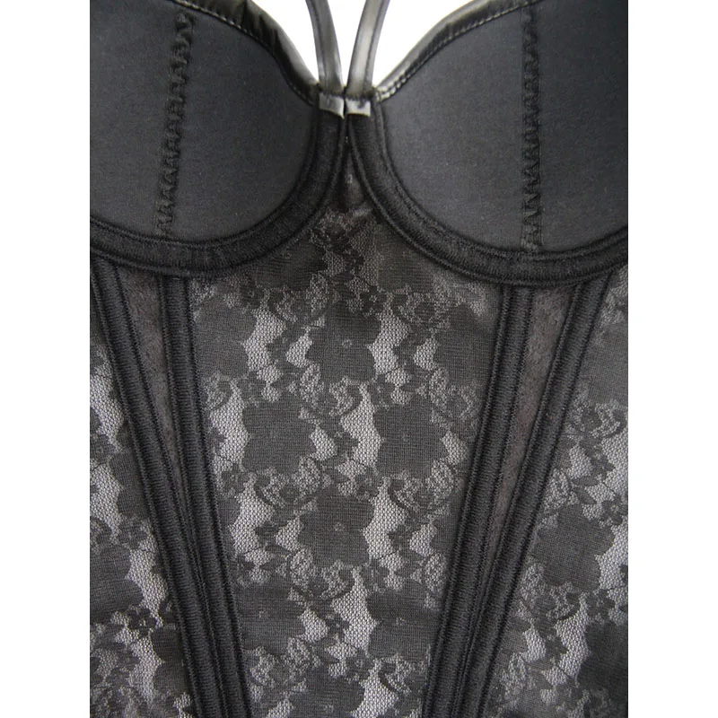 Black Wetlook Gothic Women's Slimming Waist Trainer Hot Body Shaper Sexy Sheer Floral Lace Leather Corset Bustier Plus Size XXXL-W5722-1 (9)