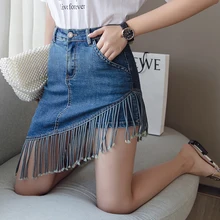 Корейская Осенняя юбка с бахромой, женская одежда, асимметричная джинсовая юбка с высокой талией, имитация двух частей, юбка с кисточками, женская уличная одежда