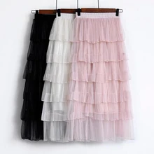 Сезон: весна–лето Для женщин юбка прелестные модные туфли рюшами Чистая Пряжа слои длинная юбка женские универсальные Высокая Талия торт юбки