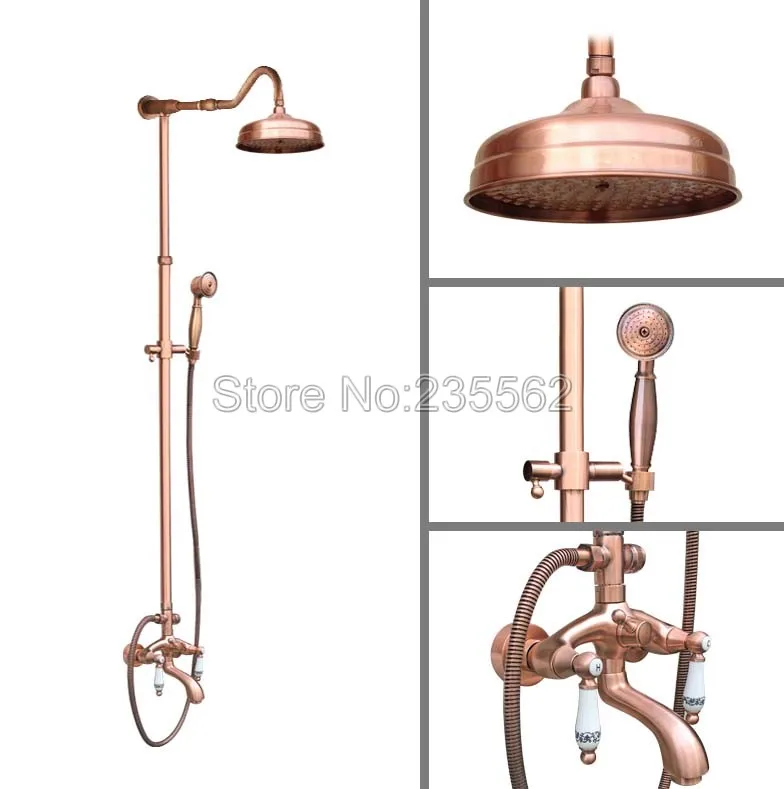 

Antique Red Copper Bathroom Rain Shower Faucet Set Dual Handle Tub Mixer Tap Wall Mounted with Handheld Shower Spray lrg632