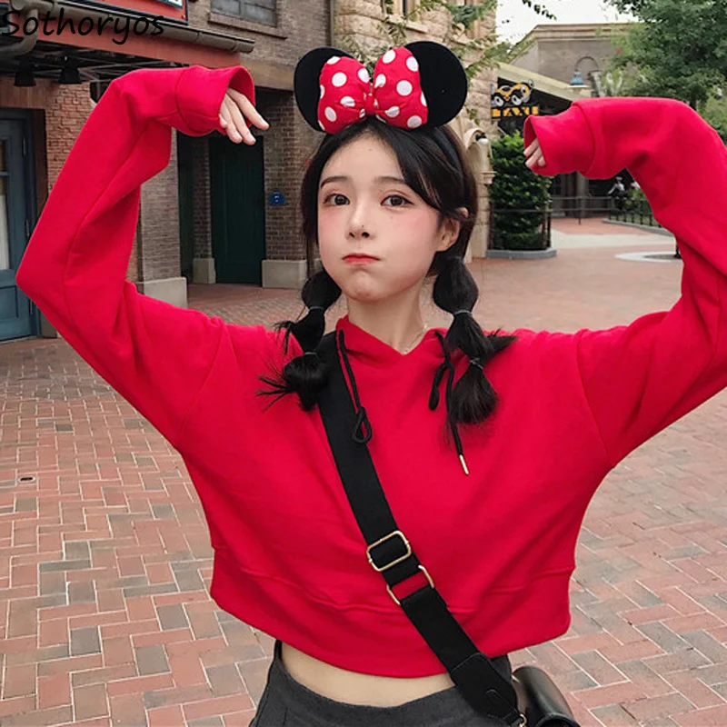 Толстовки Для женщин Сплошной простой пуловер с капюшоном Мода красный универсальные элегантные Для женщин s корейский стиль высокое