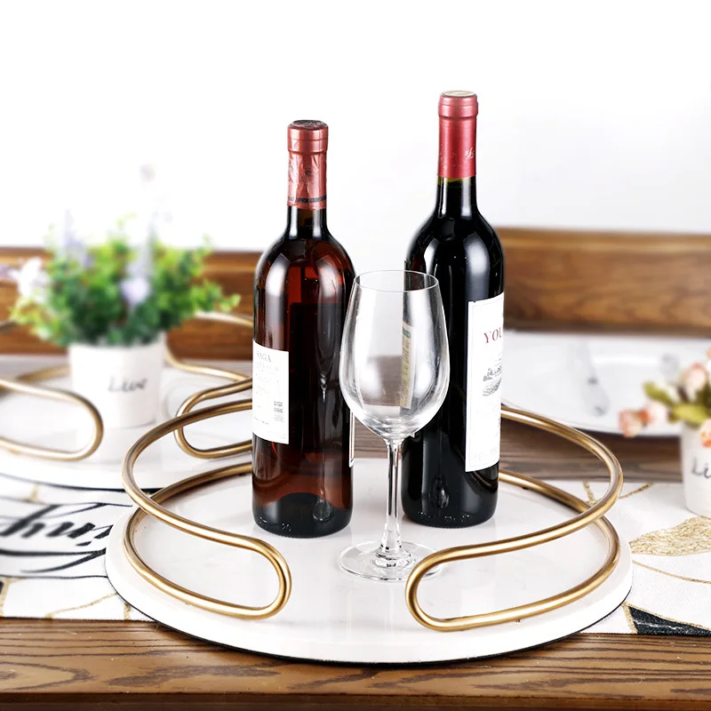 

Metal Arc Handle White Marble Tray European Model Room Soft Home Storage Tray Decoration Tray