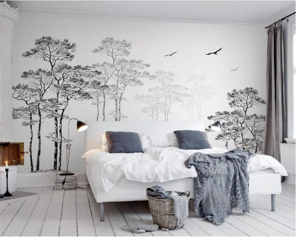 

beibehang Custom wallpaper simple Nordic style black and white sketch abstract tree flying bird TV background wall paper mural