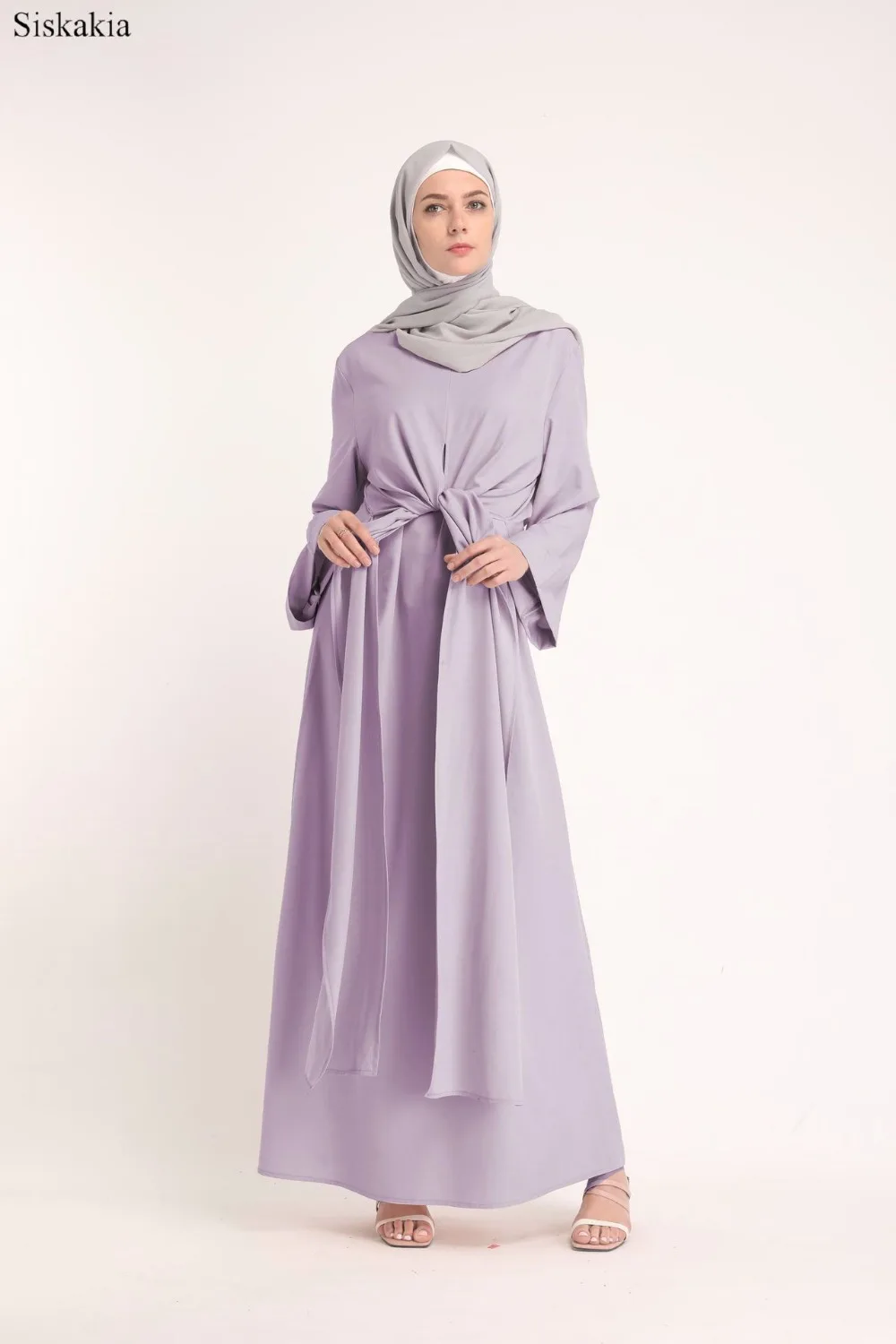 Siskakia Solid Muslim O-Neck Long Sleeve Bandage Robes Abaya Women Turkish Dubai High Waist Loose Female Abaya Casual Elegant  (6)
