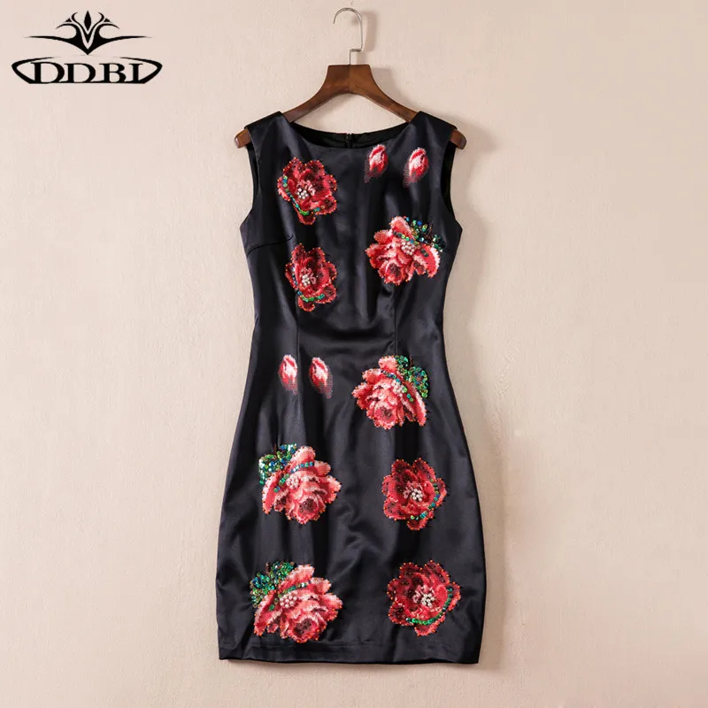 high quality summer dress flowers print black dress beading dresses for woman 180503