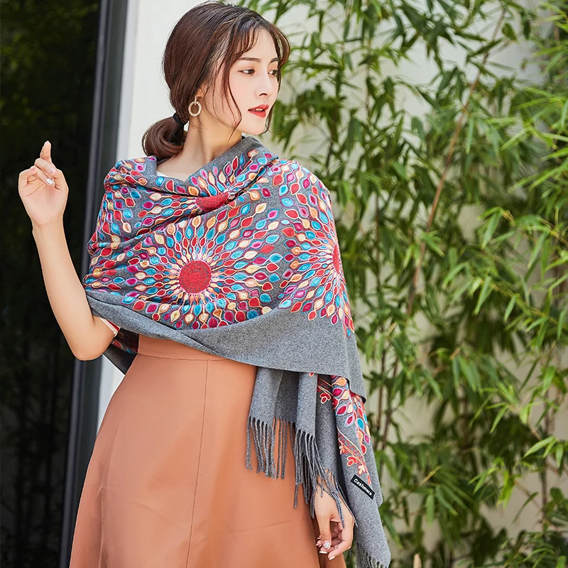 

Nepal Women Quality Soft Cashmere Scarves Sun Flower Embroidery Warm Shawls Winter Knitted Scarf Pashmina Wrap muffler ladies