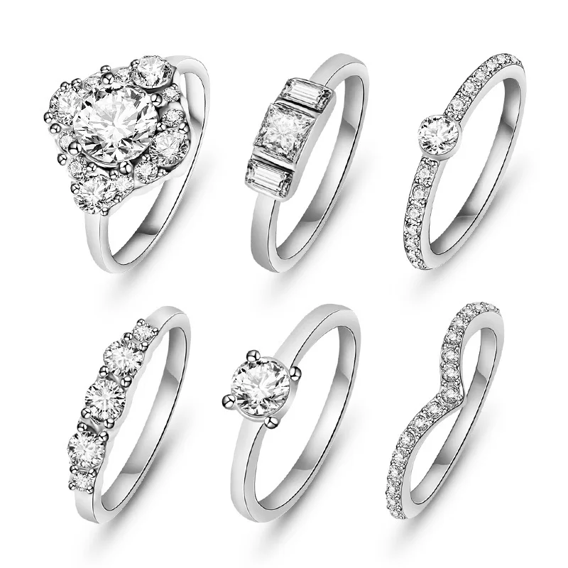 (6pcs /set) Hot Shiny Gold Color Crystal Austrian Zircon Rings Set Noble Charms Wedding Rings For Women Girls Fashion Jewelry