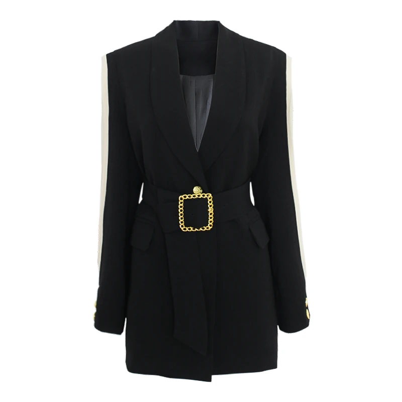 Runway Designer Trendy Chic Womens Blazer Belted Black Patchwork Metal Gold Button Fashion OL Ladies Jacket Coat Outwear