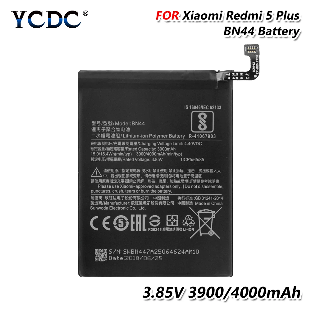 Смартфон аккумулятор для Xiaomi Redmi 5 Plus большой емкости BN44 BN-44 BN 44 3,85 V 4000mAh перезаряжаемый аккумулятор