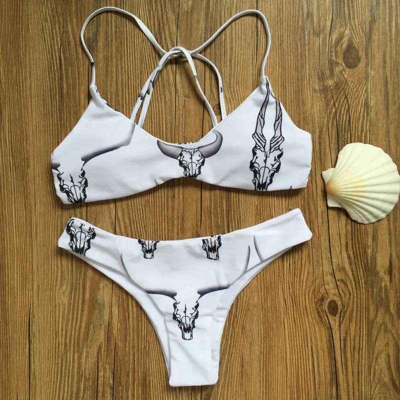 

Elegant Summer Womens Sexy Bikini Sheep Head Print White Bra Set Fashion Off Shoulder Padded Bra Swimwear Set A4 10062
