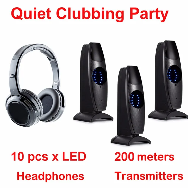 Silent Disco complete system black led wireless headphones – Quiet Clubbing Party Bundle (10 Headphones + 3 Transmitters)
