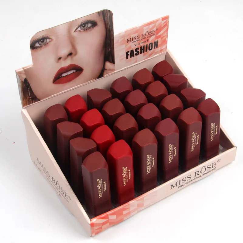 

MISS ROSE matte lipstick easy to color waterproof not easy to stick cup is not easy to fade 24pc lipstick display box