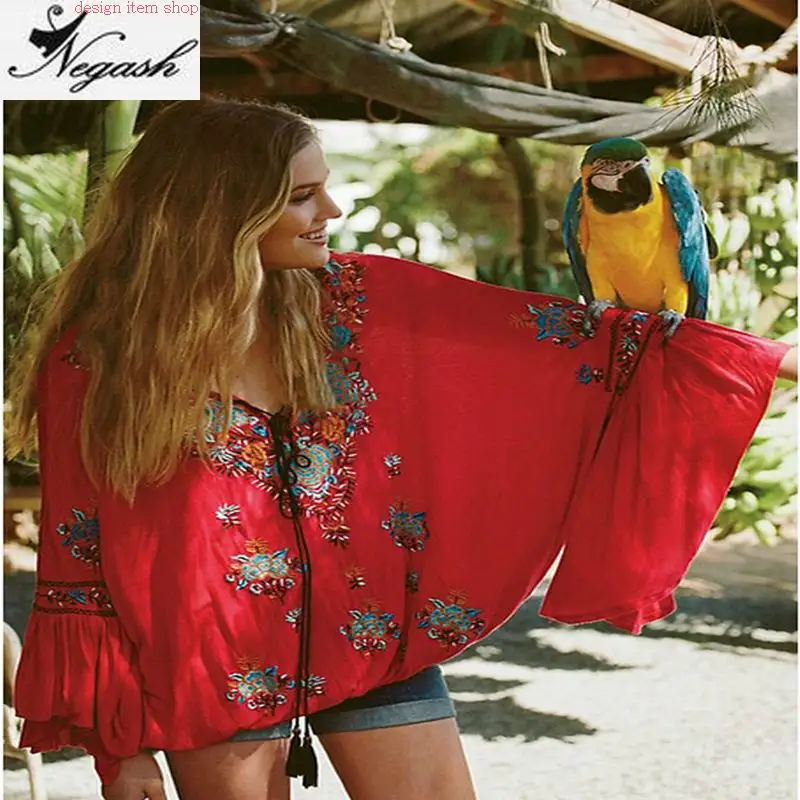 Красный Плюс размер blusas женские рубашки женские блузки boho хлопок вышивка цветочный v-образный вырез кисточка свободный крой хиппи шик blusas бренд - Цвет: Красный