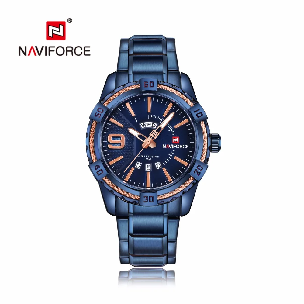 

NAVIFORCE Business Men Quartz Watches Men Quartz Fashion Casual Watch Blue Full Stainless Steel Auto Date Week Wristwatches 9117