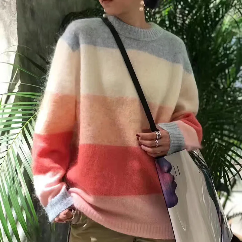 

2019 New Sweater Mahaimaokuansong Round Collar Turtleneck Color Rainbow Striped Women's Sweater Pullovers Striped Women Sweater
