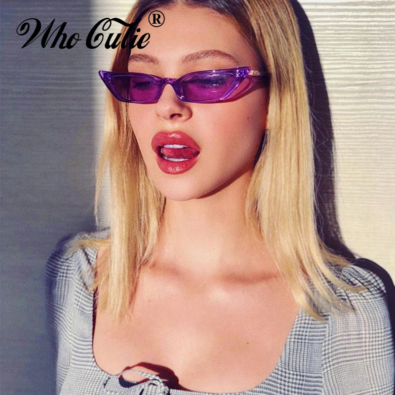 

WHO CUTIE 2018 Small Rectangular Sunglasses Women Brand Designer Vintage Purple Narrow Cat Eye Frame Little Sun Glasses OM519